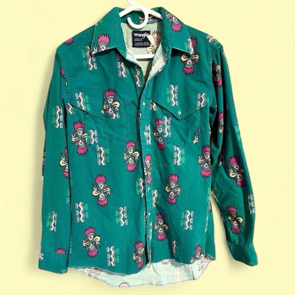 Vintage Wrangler Aztec Teal Pearl Snap Shirt Southwest Totem Print Medium 1980s